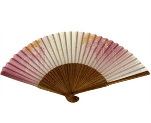 SILK FAN, PALE W/ GOLD AND PINK TRAILING VINES, BROWN BAMBOO (HF-160)