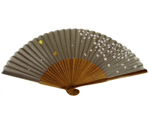 SILK FAN, GRAY W/ WHITE PETALS AND GOLD BUTTERFLY, BROWN BAMBOO (HF-163)