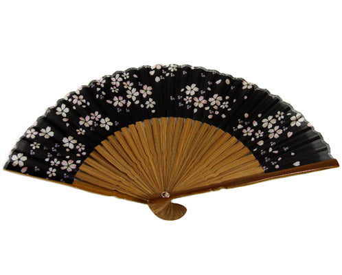 GEISHA FAN, BLACK W/ PALE PINK FLOWERS (HF-165/BLK)