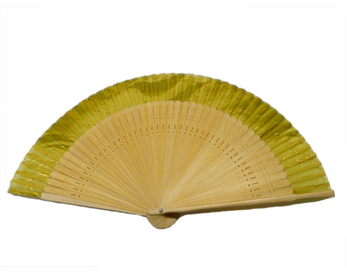 SILK FAN, GREEN W/GOLD FLECKS, NATURAL LONG BAMBOO (171/NAT)