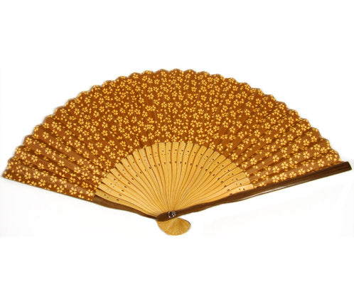 SILK FAN,PAPER, BROWN W/ LIGHT BROWN FLOWERS (HF-172)