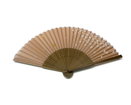 SILK FAN, BLUSH BROWN W/ WHITE PETALS AND GOLD BUTTERFLY, BROWN BAMBOO (HF-177)