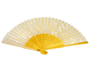 SILK FAN, WHITE W/ WHITE FLOWERS, NATURAL BAMBOO (HF-180)