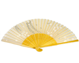 SILK FAN, WHITE W/ SILVER AND WHITE FLOWERS, NATURAL BAMBOO (HF-181)