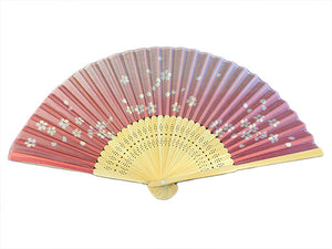 SILK FAN, PINK W/ WHITE FLOWERS, NATURAL FRAME (HF-182)