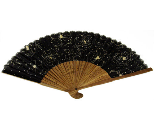 SILK FAN, BROWN  W/SKETCHED FLOWERS, BROWN BAMBOO (HF-184)