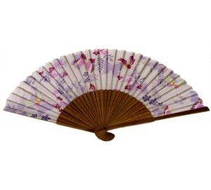 SILK FAN, LIGHT PURPLES W/ GOLDEN BUTTERFLIES, BROWN BAMBOO (HF-185)