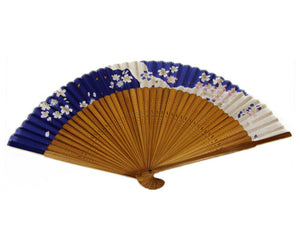 SILK FAN, PURPLE W/ PINK AND GOLD PETALS, LONG BROWN BAMBOO (HF-188)