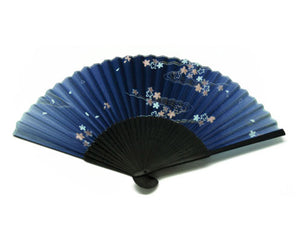 SILK FAN, LIGHT BLUE W/ PINK & WHITE PETALS, BLACK BAMBOO (HF-193)