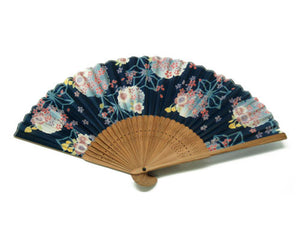 SILK FAN, MULTI-COLOR BLUE W/ PINK, WHITE AND YELLOW FLOWERS, BROWN BAMBOO (HF-216)