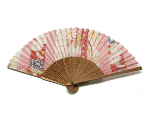 SILK FAN MULTI-COLOR BARS OF PINK FLOWERS, BROWN BAMBOO (HF-217)