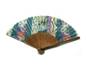 SILK FAN, MULTI-COLOR BARS OF BLUE, WHITE AND PURPLE FLOWERS, BROWN BAMBOO  (HF-218)