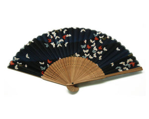 SILK FAN, BLACK AND BLUE W/ MULTI BUTTERFLIES, BROWN BAMBOO FRAME (HF-226)