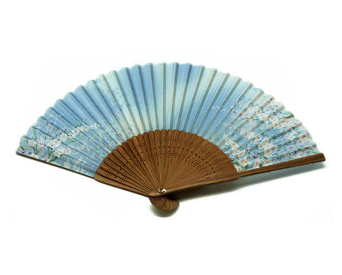 SILK FAN, SKY BLUE W/ FINE PINK FLOWERS AND GREEN VINES, BROWN BAMBOO FRAME (HF-228)