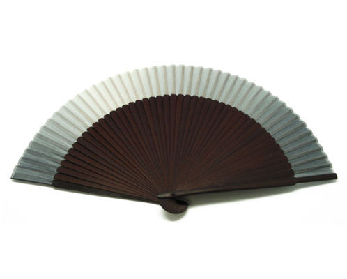 SILK FAN, SHADES OF GRAY, LONG BROWN BAMBOO FRAME (HF-232)