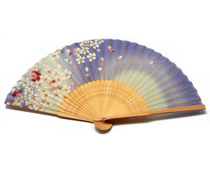 SILK FAN, LAVENDER W/ WHITE AND PLUM FLOWERS AND SPARKLES, NATURAL BAMBOO FRAME (HF-233)