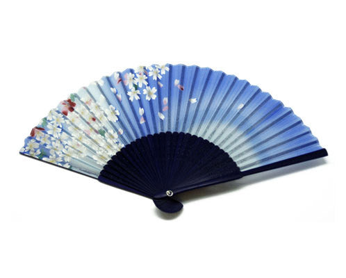 SILK FAN, SKY BLUE W/ WHITE AND PLUM FLOWERS , BLUE BAMBOO FRAME (HF-234)