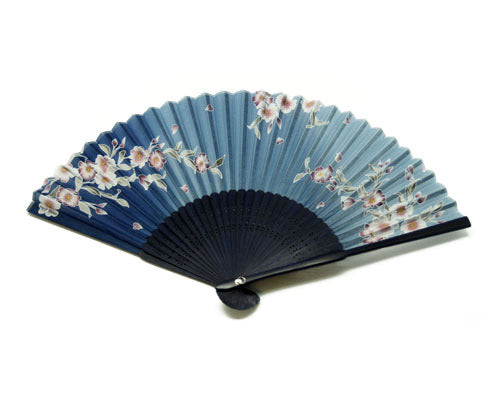 SILK FAN, BLUE SHADES W/ PLUM FLOWERS, BLUE BAMBOO FRAME (HF-236)