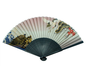 SILK FAN, AUSPICIOUS CRANE, BLACK BAMBOO (HF-241)