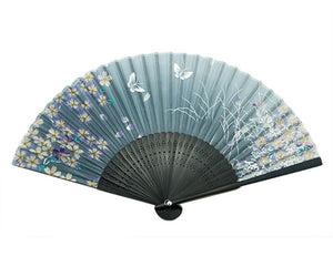 SILK FAN, GRAY W/ BUTTERFLIES AND PETALS, BLACK BAMBOO (HF-244)