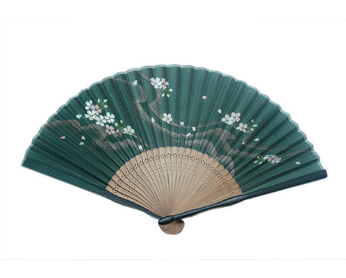 SILK FAN, FOREST GREEN W/ PINK PETALS, BROWN BAMBOO (HF-246)