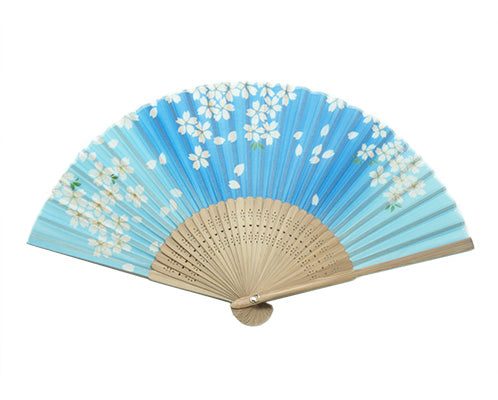 SILK FAN, BLUE OMBRE W/ FLOWERS, BROWN BAMBOO (HF-252)