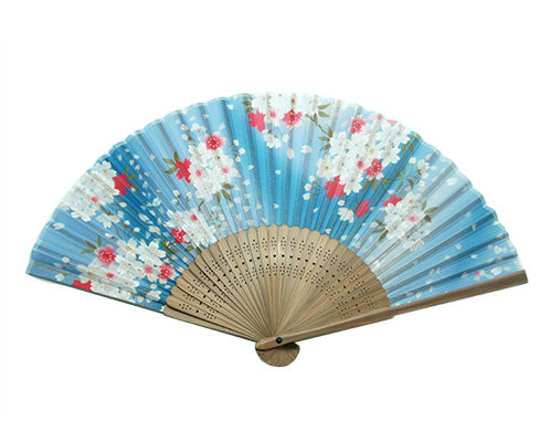 SILK FAN, LIGHT BLUE W/ CHERRY BLOSSOMS, BROWN BAMBOO (HF-254)