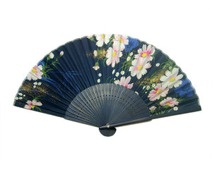 SILK FAN, DEEP BLUE W/ LARGE FLOWERS AND GOLD DUST, BLUE BAMBOO (HF-256)