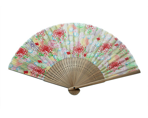 SILK FAN, PALE GREEN W/ CHRYSANTHEMUMS, BROWN BAMBOO (HF-257)