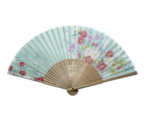 SILK FAN, LIGHT GRAY W/ PURPLE FLOWERS, BROWN BAMBOO (HF-258)