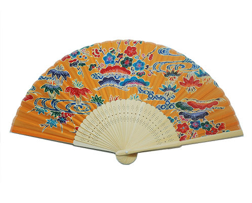 SILK FAN, BURNT GOLD MULTICOLOR, NATURAL BAMBOO (HF-259)
