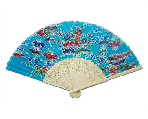 SILK FAN, AQUA BLUE MULTICOLOR, NATURAL BAMBOO (HF-260)