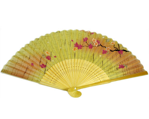 SILK FAN, LIGHT BROWN WITH WHITE AND PINK CHERRY BLOSSOMS (HF-40)