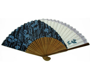 Japanese Cotton Fan, White/Black and Blue Design (HF-68)