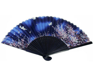 SILK FAN, BLUE SMALL FLOWER WITH BUTTERFLY (HF-85)