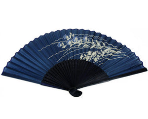 SILK FAN, BLUE W/WHITE FLOWER AND LEAVES (HF-86)