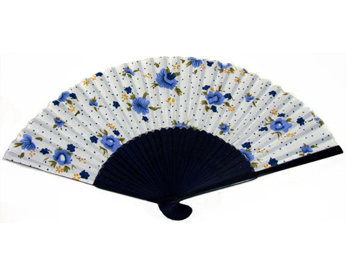 SILK FAN WHITE WITH BLUE SMALL FLOWERS (HF-98)